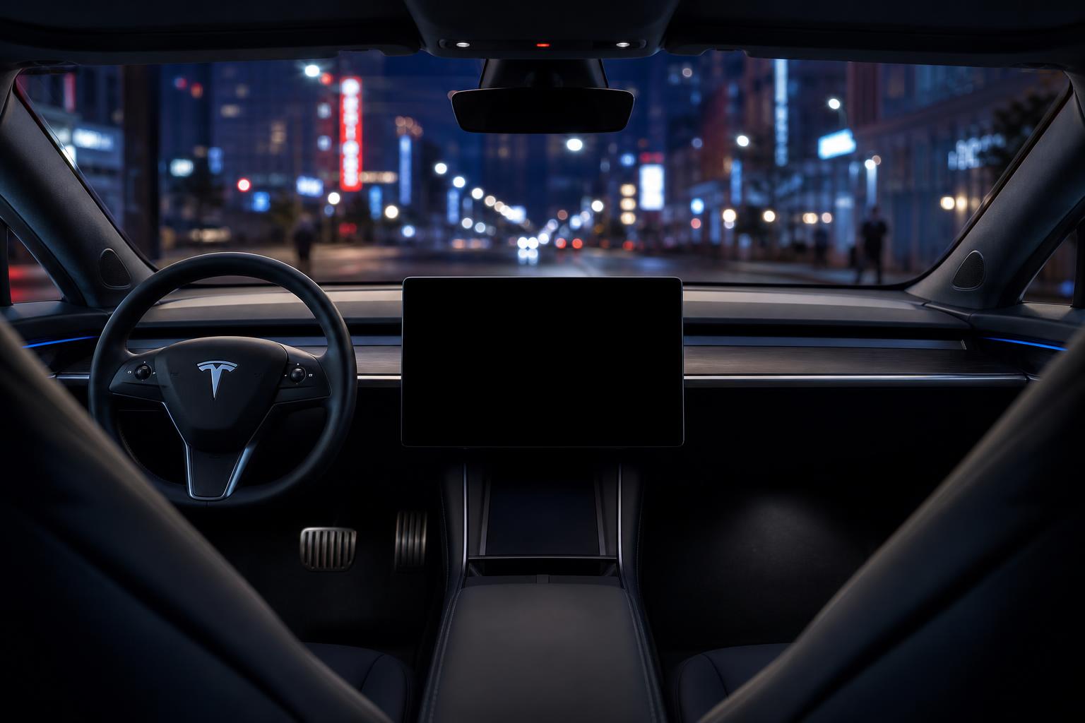 Habitacle d'une Tesla la nuit avec l'écran central